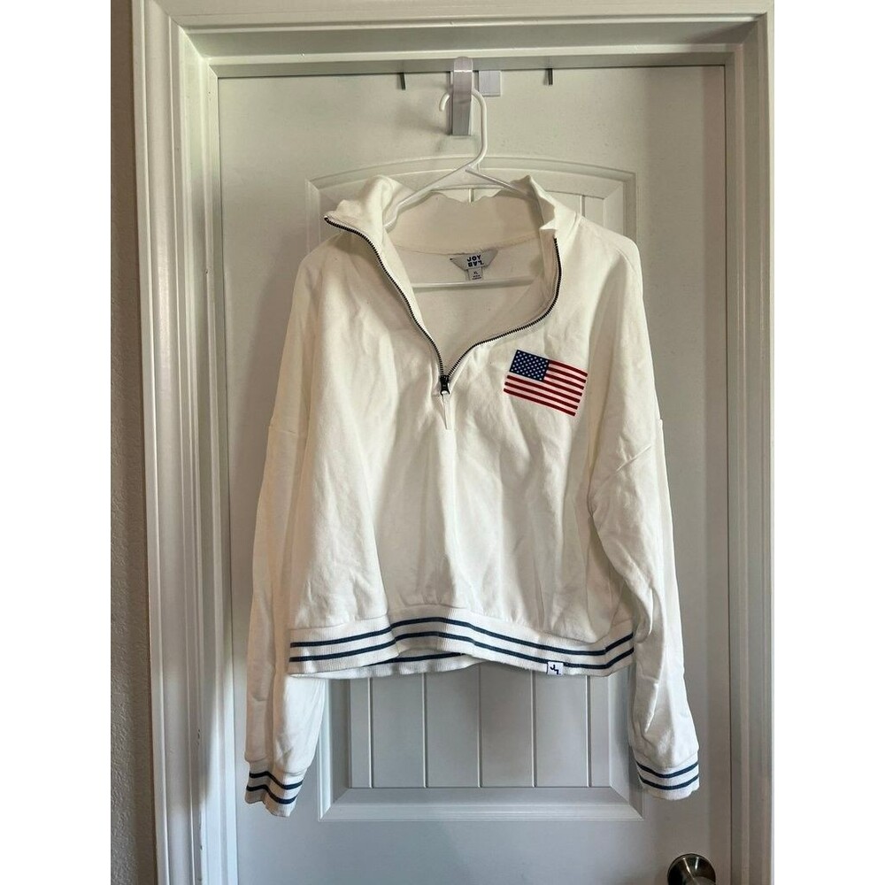 JoyLab White Half-Zip Sweatshirt with American Flag Patch